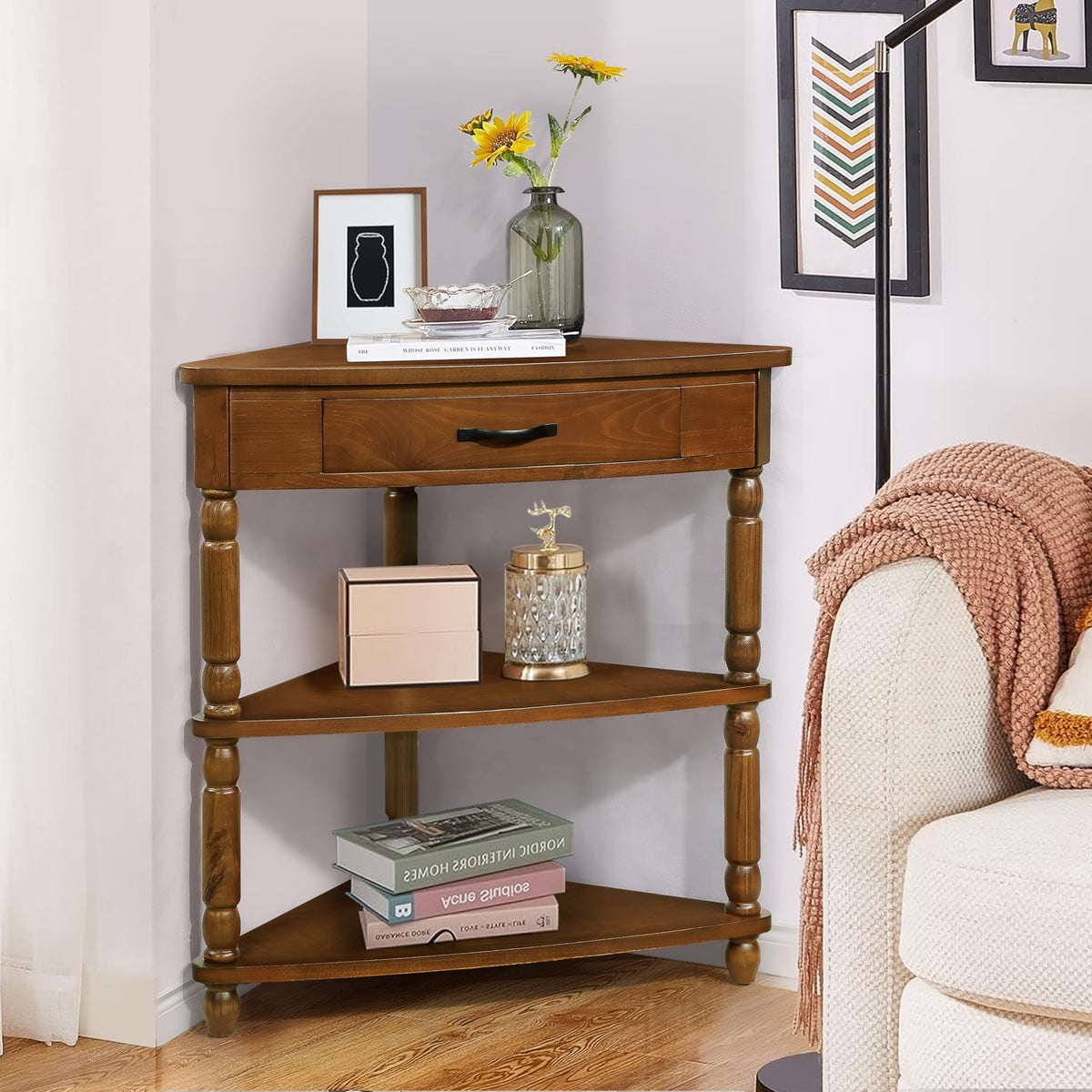 Small Triangle Corner Table Wood Corner Side Tables with Drawer & 2 Open Shelves 3 Tier End Table with Solid Wood Legs for Small Spaces Living Room (33.86"L x 20"W x 34.57"H / Brown)