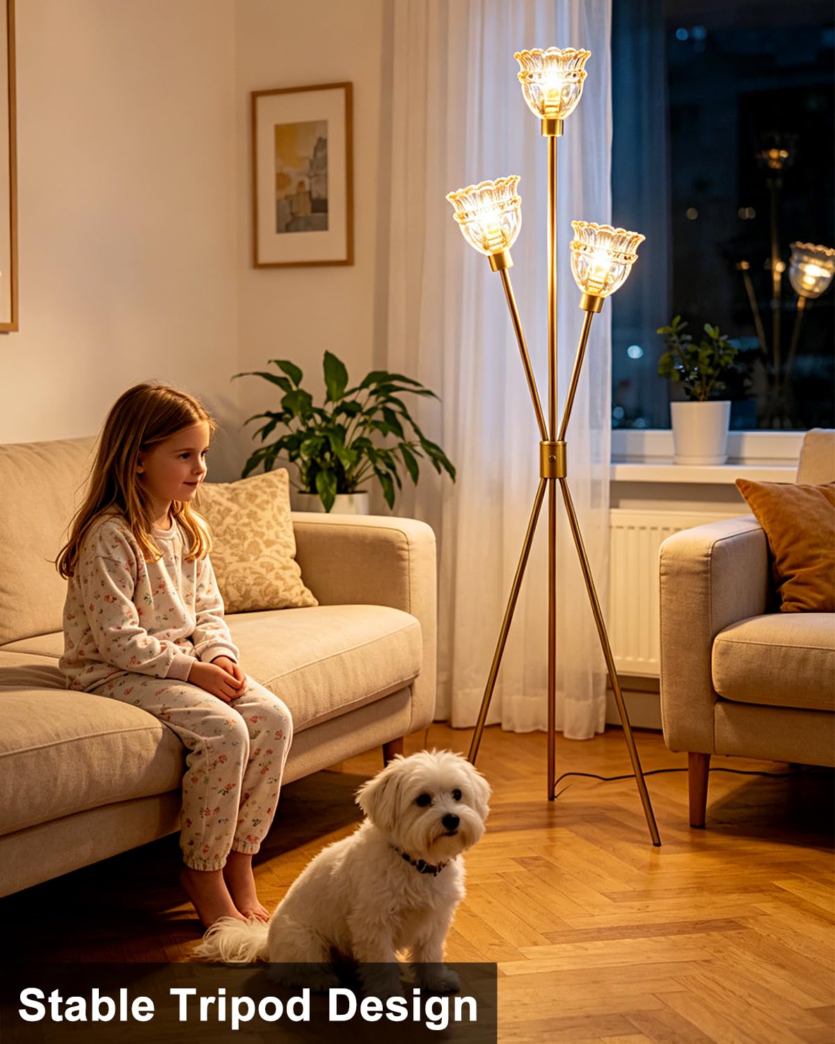 Amber Glass Tripod Floor Lamp Dimmable Gold Floor Flower Lamps