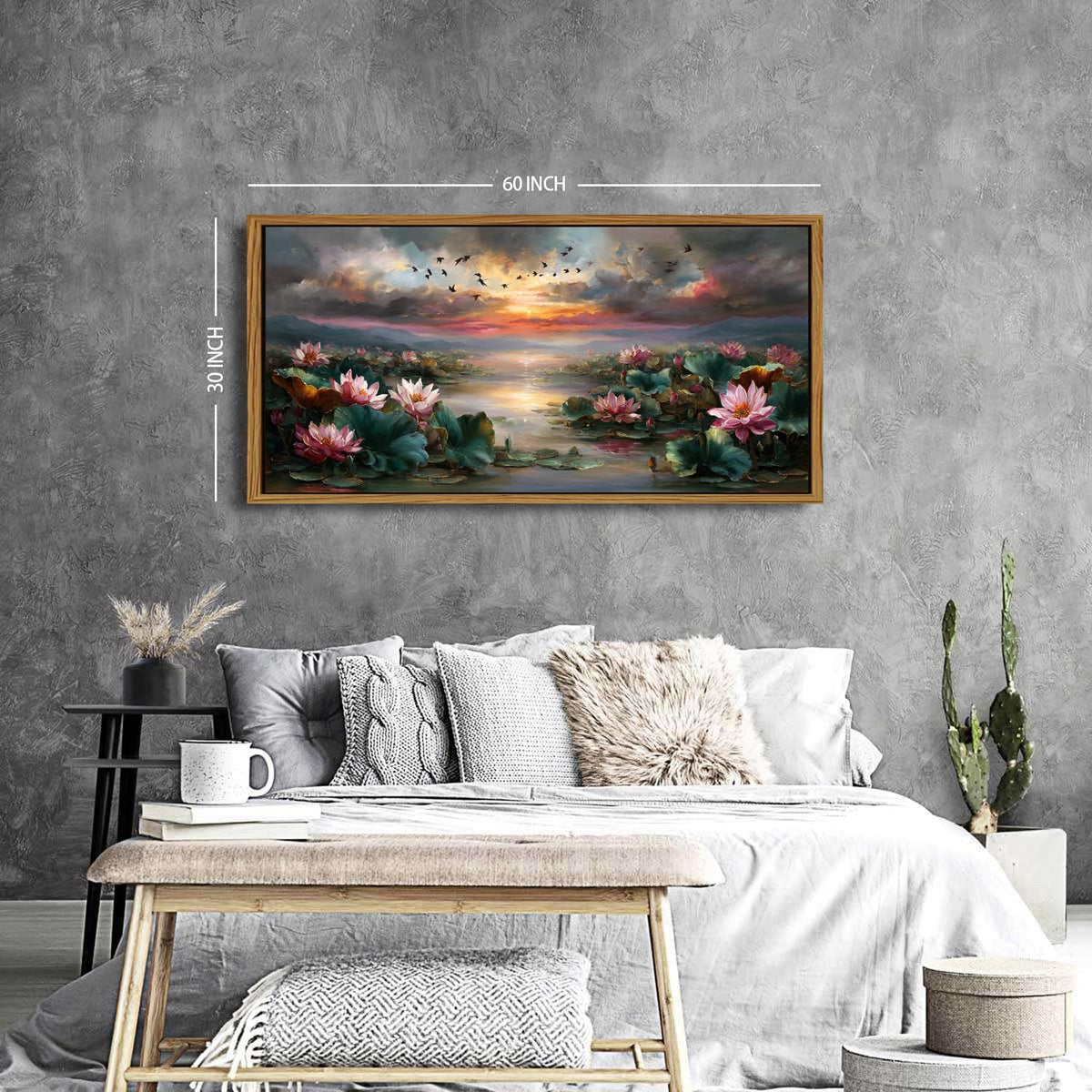 Zen Wall Art Framed Pink Lotus Flower Decor Abstract Blooming Botanical Canvas Prints Vintage Floral Pictures Nature Sunset Pond Landscape Modern Artwork for Bedroom Living Room Home Decoration 30x57.8" (30"L x 57.8"W / Lotus)