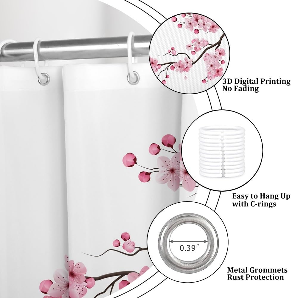 Cherry Blossom Shower Curtain Japanese Blooming Pink Floral Cherry Branch Bathroom Curtain Classic Japanese Culture River Ripple Flower Branch White Shower Curtains Set with Hooks 72x84 Inch (72"W x 84"L (Pack of 1) / Pink-35)