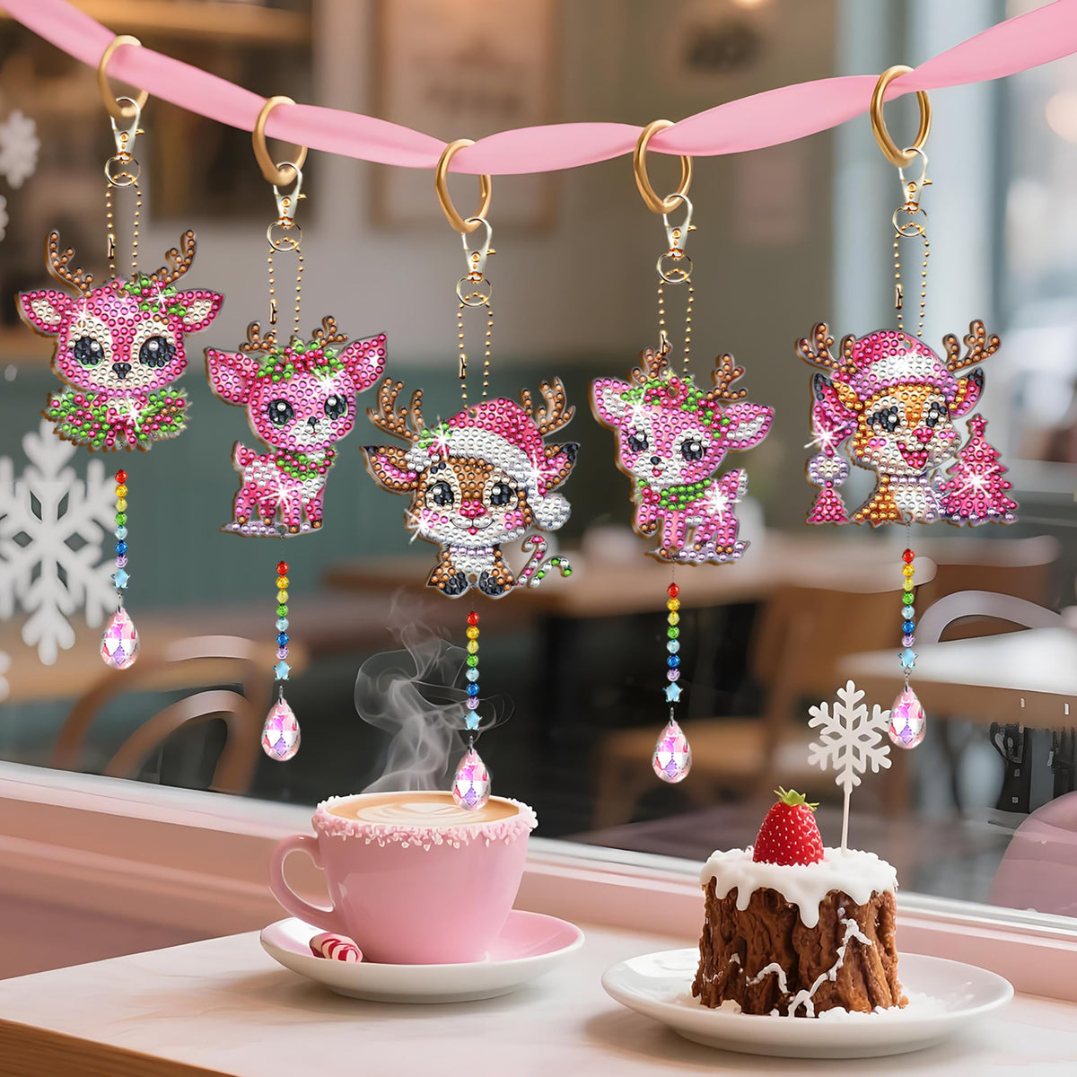 6 Pcs Diamond Painting Wind Chimes Pink Deer Diamond Art Christmas Ornament Kits Suncatcher 5D DIY Diamond Art Kits for Adults Holiday Xmas Best Gifts (Pink Deer)