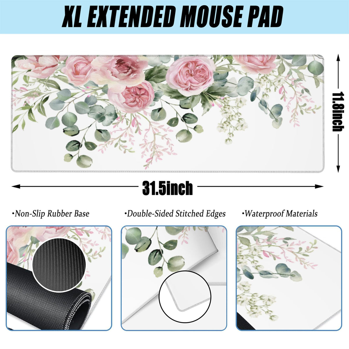 Desk Mat Peony Flowers and Eucalyptus Leaves Large Gaming Mouse Pad for Desk XL (11.8" x 31.5" / Peony Flowers and Eucalyptus Leaves)
