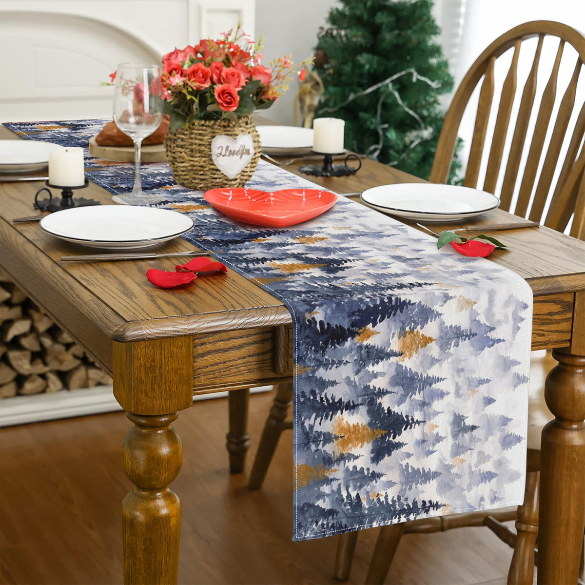 Watercolor Forest Table Runner (13x90inch / Blue Forest)