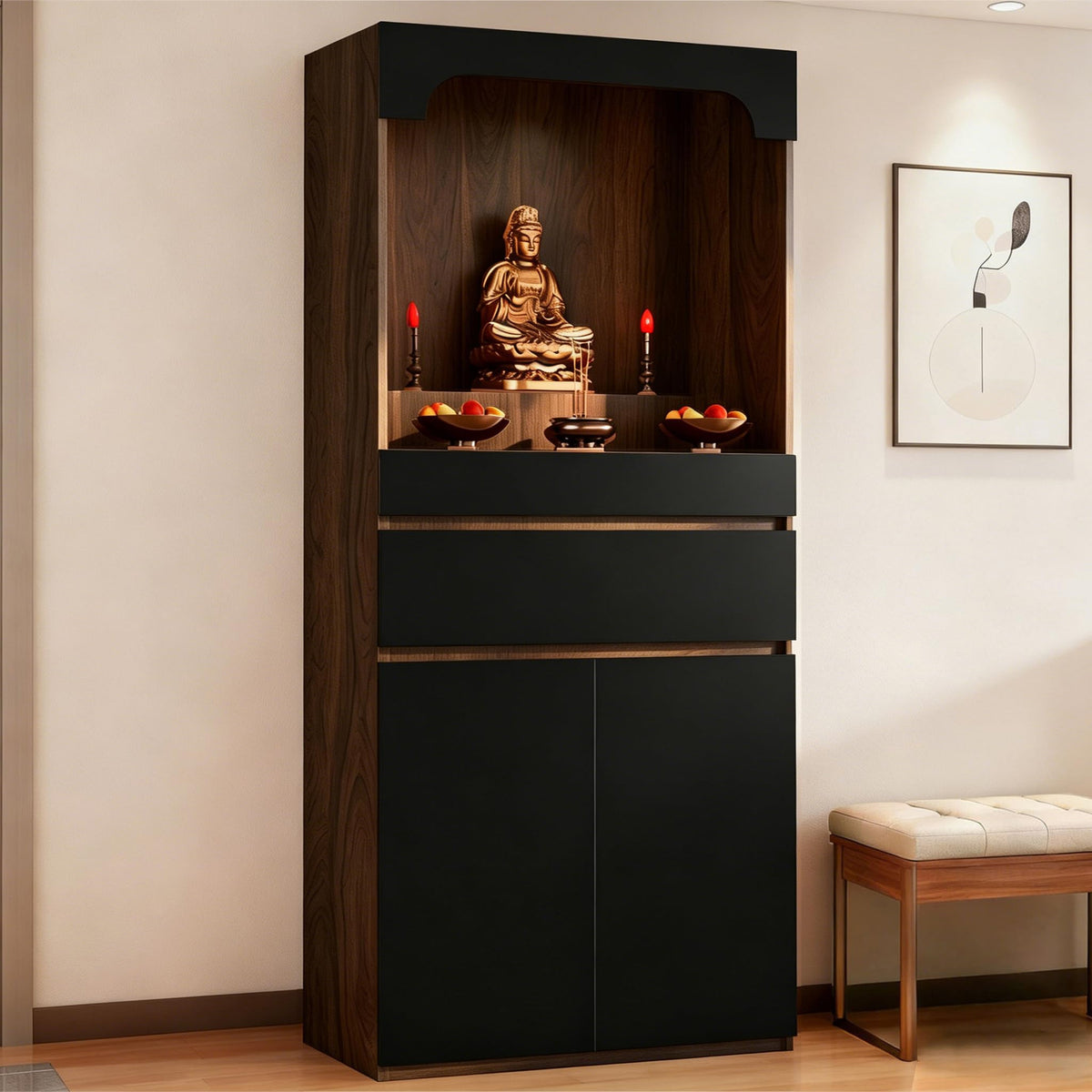Altar Table Pooja Cabinet with Drawers and Storage Cabinets (55.1×15.7×65.4in / Black+dark Brown Wood Tone)