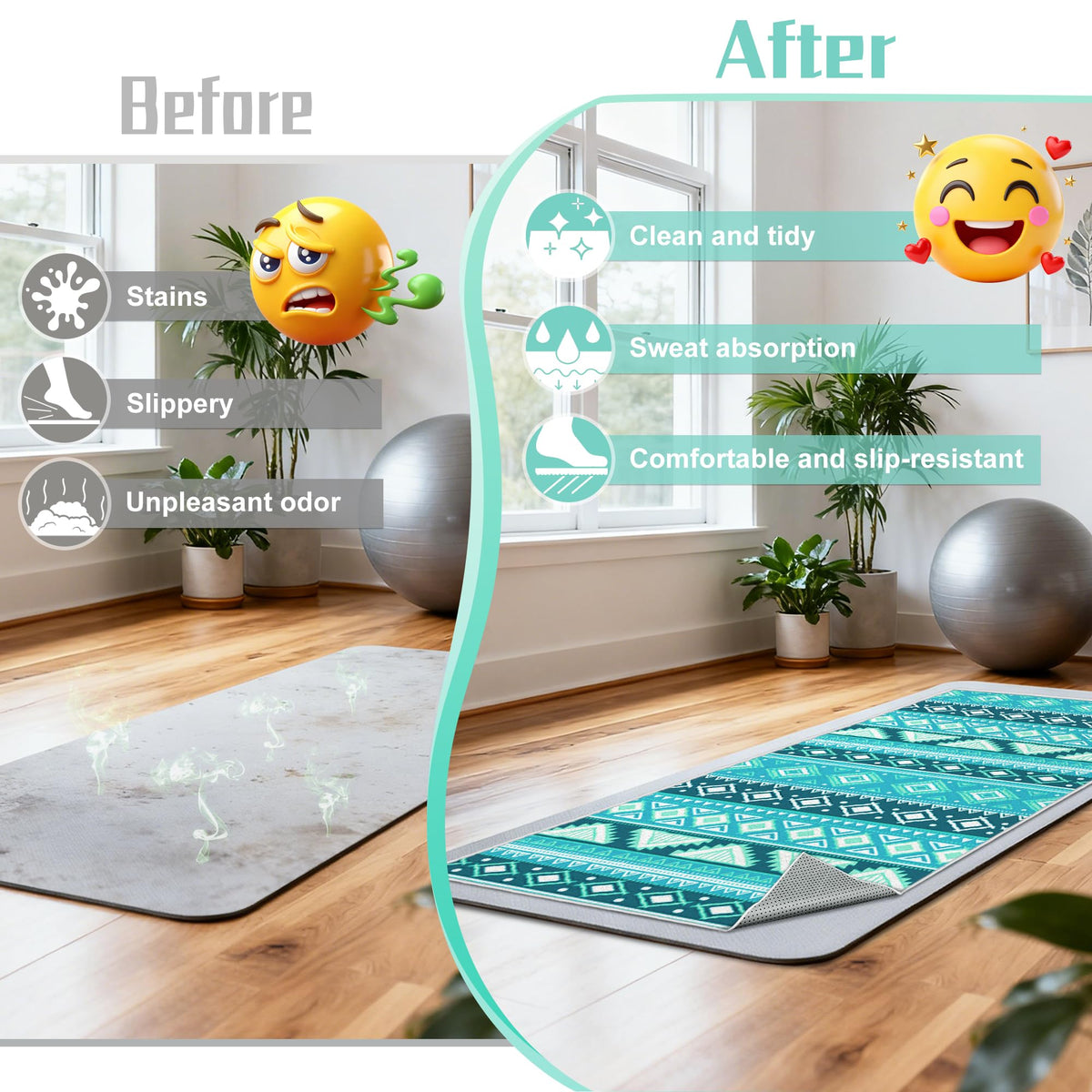 Yoga Towel Absorbent Yoga Mat Towel for Hot Yoga Non Slip (Green Triangle Geometry / Casual)