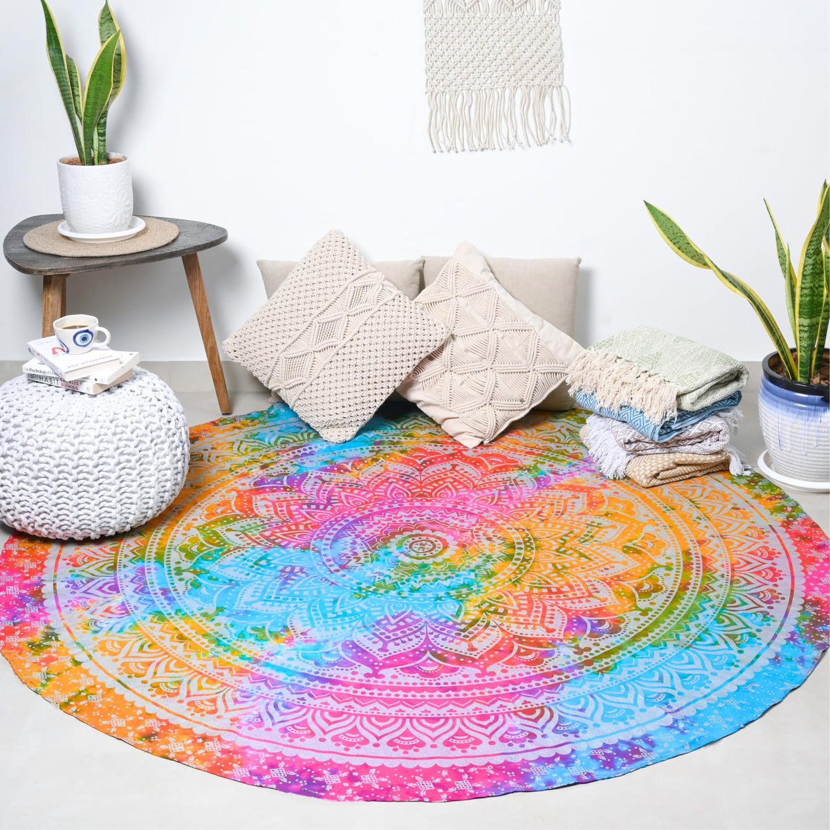 Multicolor Round Ombre Tapestry Cotton Mandala Tablecloth Yoga Mat Boho Camping Beach Blanket Circle Tapestries 72 Inches (Multicolor / 72"L x 72"W)