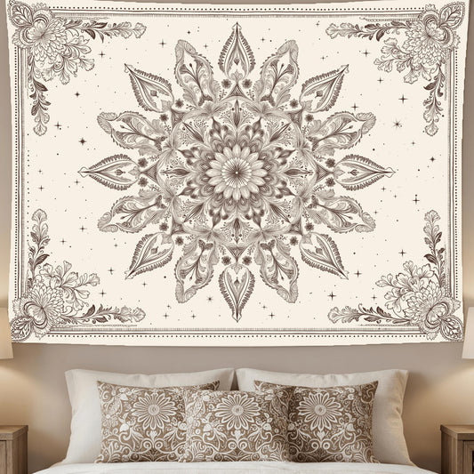 Floral Mandala Tapestry Wall Hanging Boho Beige Tapestry Aesthetic Bohemian Flower Cute Small Tapestries for Bedroom Living Room Dorm Wall Decor 48 x 36 Inch (Bohemian / Beige White / 48"L x 36"W)