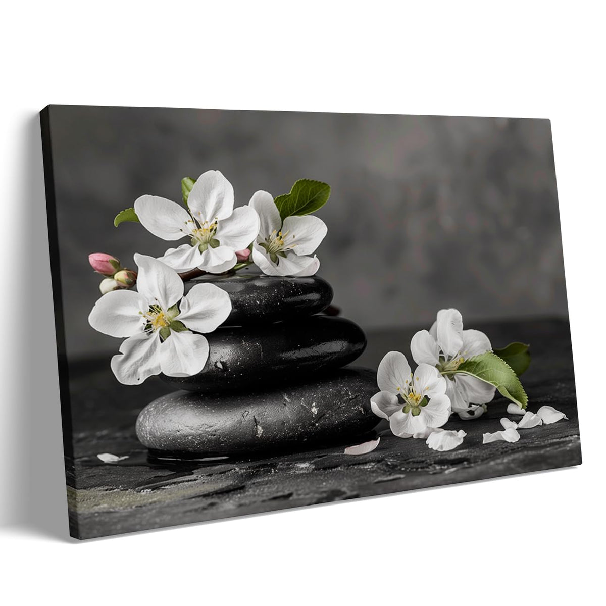 Zen Black Stones and White Flowers Wall Art (Wood Framed-9 / 20"L x 30"W)