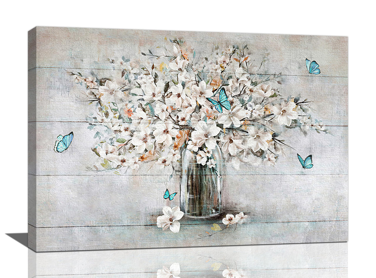 Rustic Flower Wall Art Farmhouse Bathroom Decor White Blossom Floral Canvas Painting Prints Bathroom Pictures for Wall Modern Artwork Home Decoration for Bathroom Bedroom Office 24"x16" (White Flower / 24"L x 16"W)
