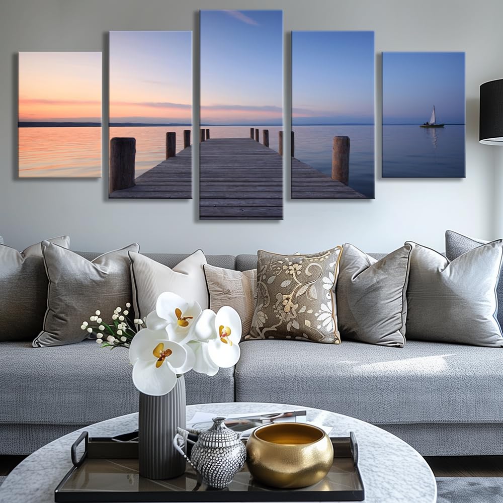 5 parts Bridges over the Sea Large Canvas Prints Wall Art Seascape Pictures Paintings for Bathroom Living Room Home Decorations 3 Panels Modern Gallery Wrapped Ocean Sea Beach Giclee Artwork (16x24inchx2,16x32inchx2,16x40x1 / blue 3)