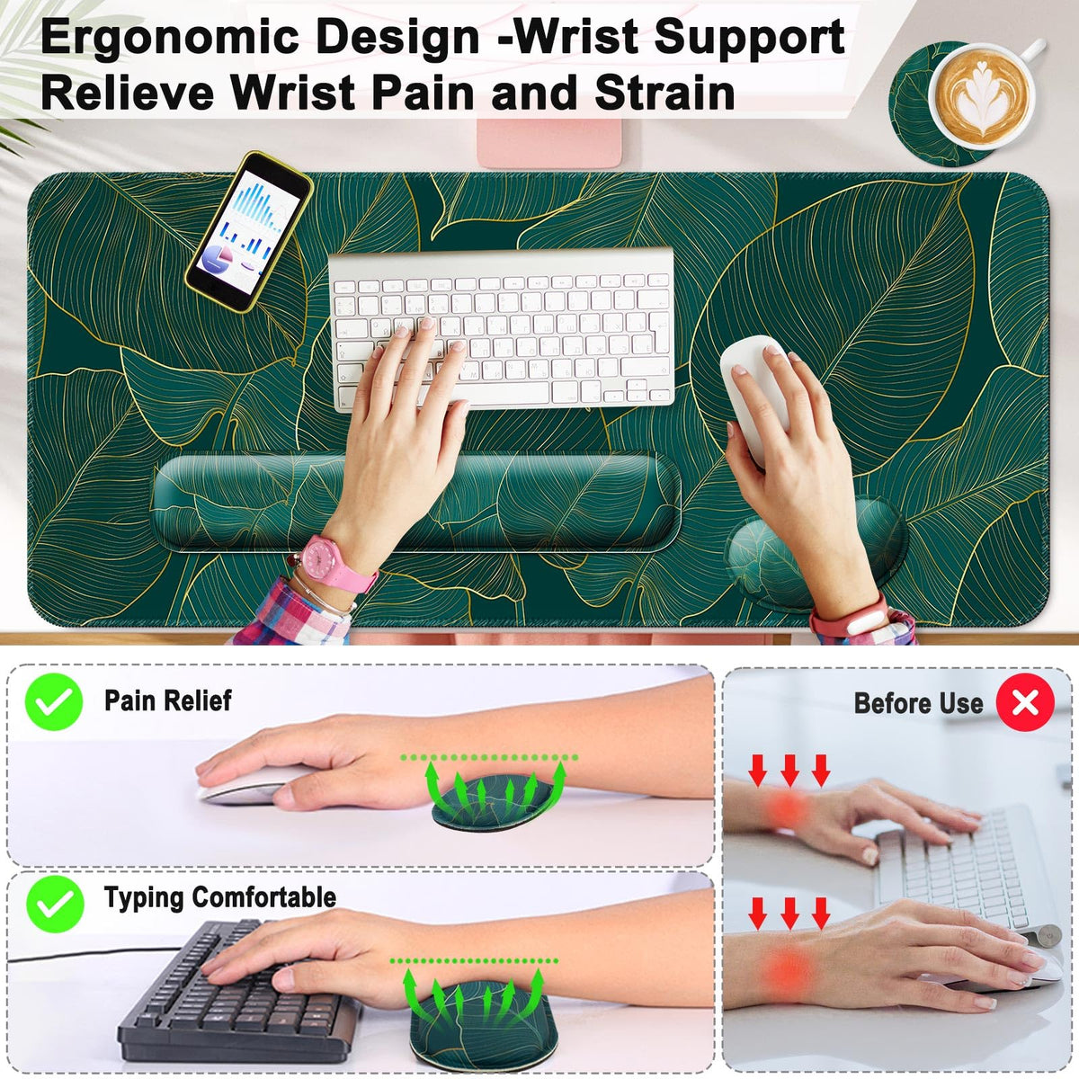 4 in 1 Mouse Pad and Keyboard Wrist Rest (B5-green Leaves)