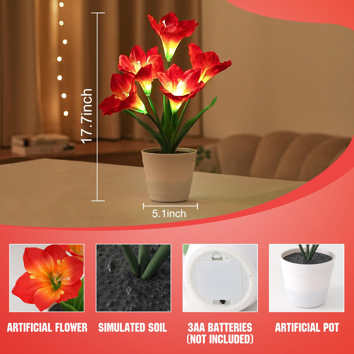 Artificial Red Amaryllis Flower Lamp Night Light for Bedroom Bar Coffee Shop Wedding Decor (Lily-Red)