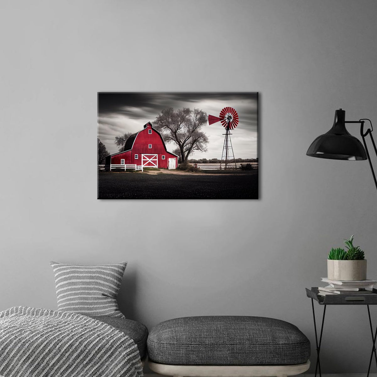 Farmhouse Barn Wall Art Red Barn Windmill Canvas Print Rustic Country Landscape Black White Vintage Farmhouse Artwork for Living Room Bedroom Kitchen Dining Room Office Home Decor 12x16 Inch (16"L x 12"W / Red Bran)