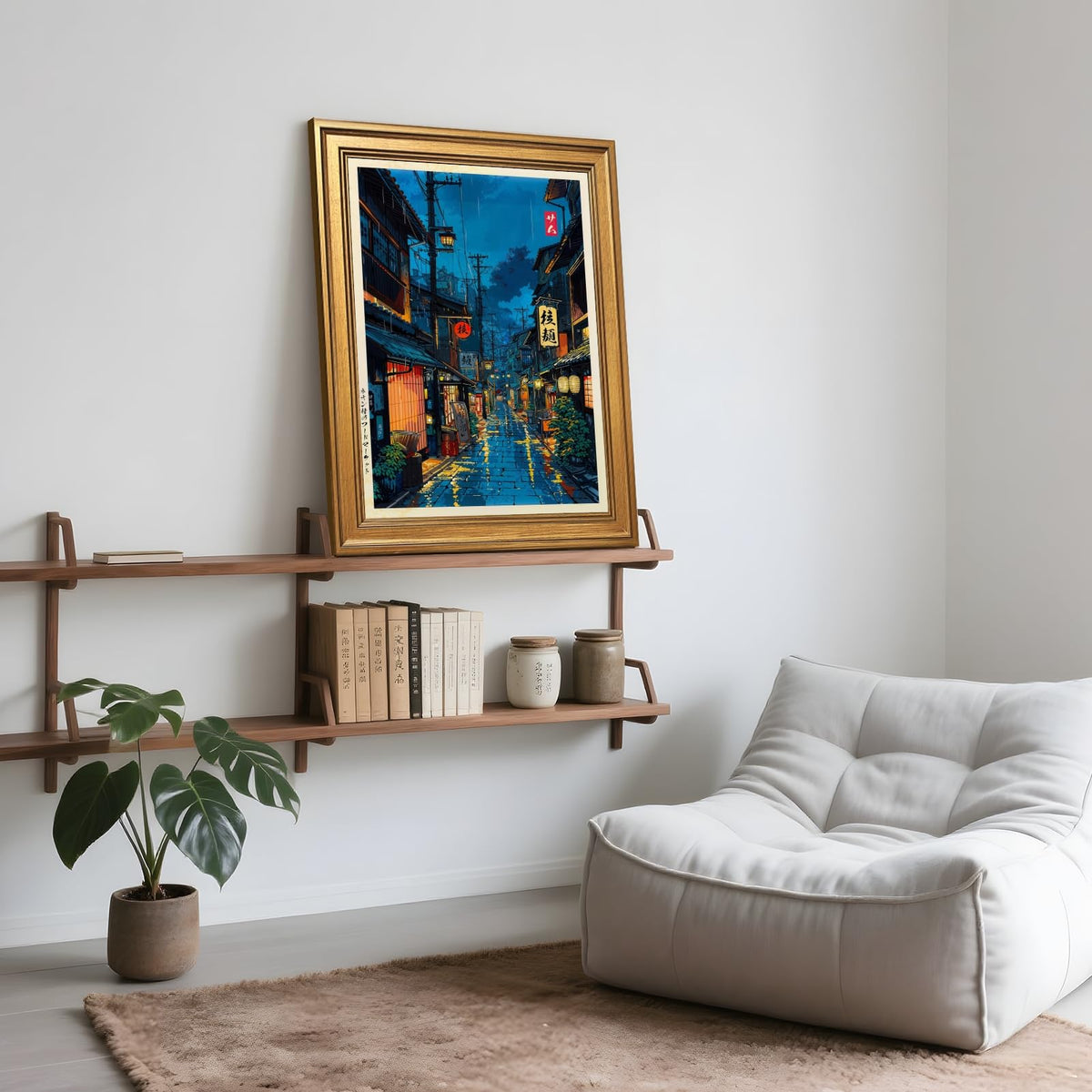 Japanese Tokyo Tea House Wall Art Poster Kyoto Night Street Art Canvas Print Retro Japan Illustration Wall Decor Vintage Urban Street Scene for Bedroom Living Room Aesthetic 8x12inch Vintage Framed (8"L x 12"W / style-1 Vintage Framed)