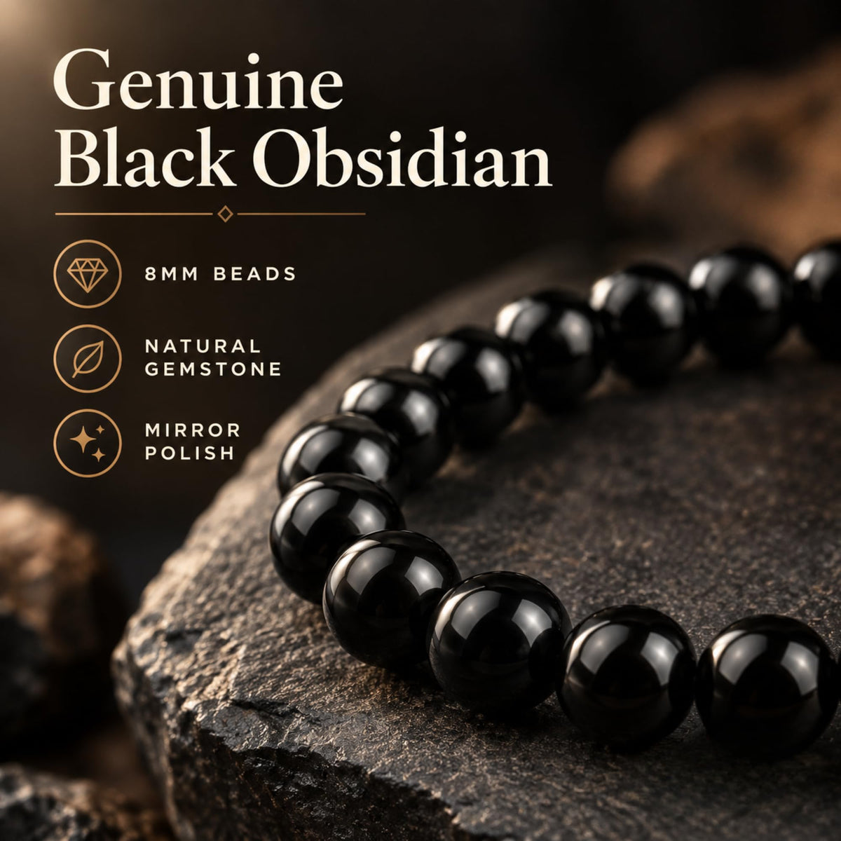 Black Obsidian Bracelet 8mm Beaded Bracelet (Black Obsidian / Large)