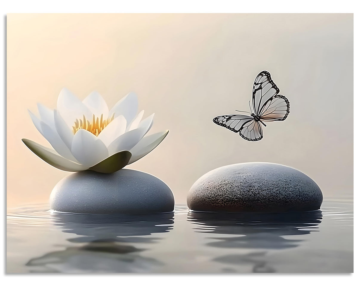 Lotus Canvas Wall Art Butterfly Zen Wall Art Lotus and Butterfly on Lake Pictures Large Zen Prints Lotus Flower Painting for Yoga Spa Spirit Meditation Room Wall Decor Framed 16X20 inch (20"L x 16"W / Zen Lotus 02)