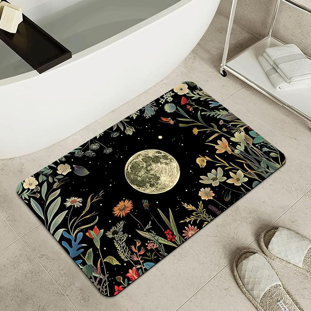 Bath Mat Bathroom Rug (Moon Surrounded By Wildflowers- / 20 x 31 inches)