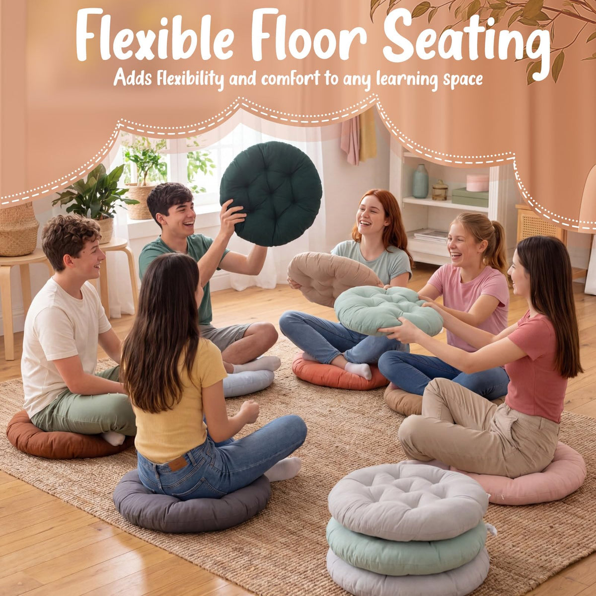 12 Pcs Round Floor Pillows Cushions Seating 16 x 16 Inches Floor Round Cushions for Kids Toddlers Flexible Reading Chair Pillows for Classroom Home School Playing Supplies (Natural Color)