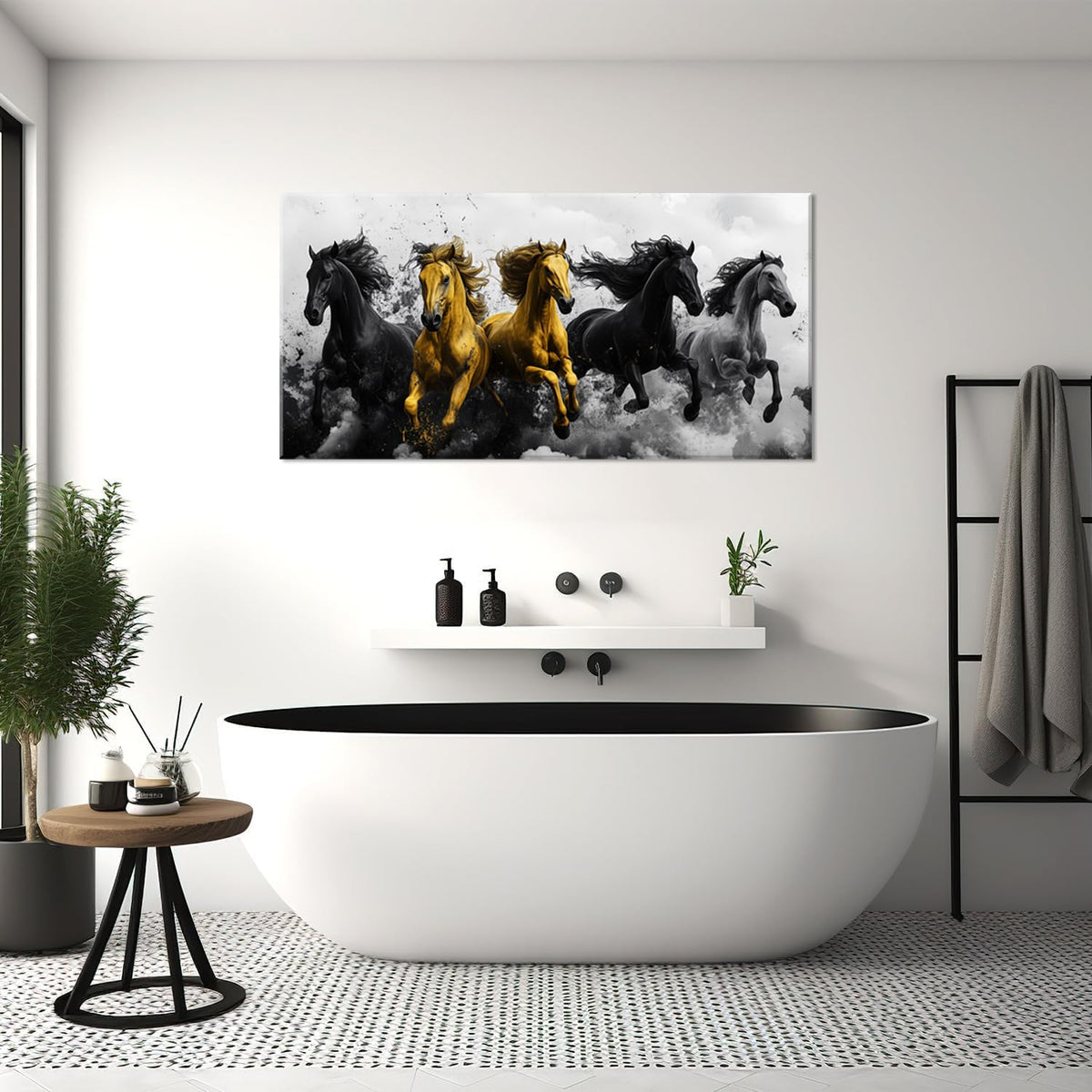 Gold Running Horses Wall Art for Living Room Office Abstract Dynamic Movement Modern Painting Prints Contemporary Canvas Artwork Dining Bedroom Decor Extra Large (Abstract / Black Gold Gray Horses Wall Art / 58"L x 28"W)