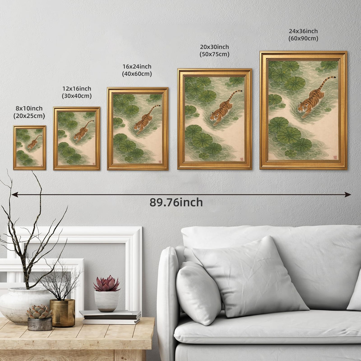 Japanese Tiger Wall Art Prints Vintage Asian Pond Painting Zen Nature Animals Posters Tiger in Lotus Pond Artwork Oriental Animal Nature Wall Decor for Living Room Bedroom 12x16inch Golden frame (style-5 Vintage Golden frame / 12"L x 16"W)