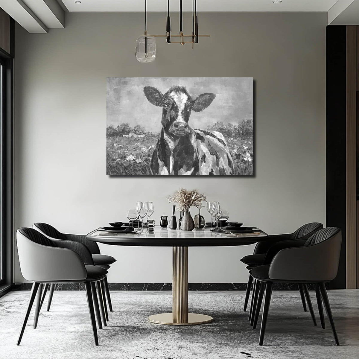 Funny Animal Wall Art Spring Pictures Wall Decor Grey Wall Decoration for Dining Room Living Room Office 24"×36" Ready to Hang (36"L x 24"W / Black & white cows)