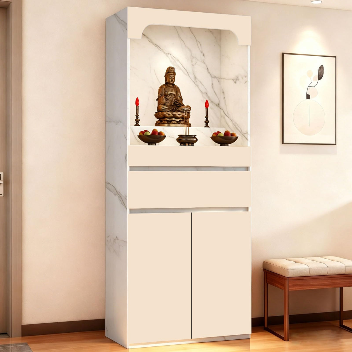 Altar Table Pooja Cabinet with Drawers and Storage Cabinets (51.2×15.7×65.4in / Beige+dark Gray Grain)