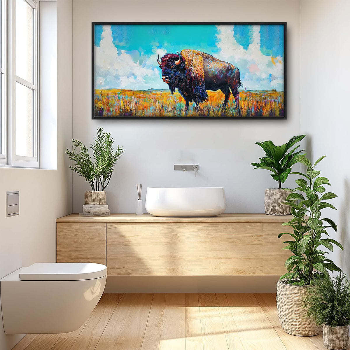 Extra Large Colorful Western Bison Framed Wall Art for Living Room (60"L x 30"W / Colorful Bison)