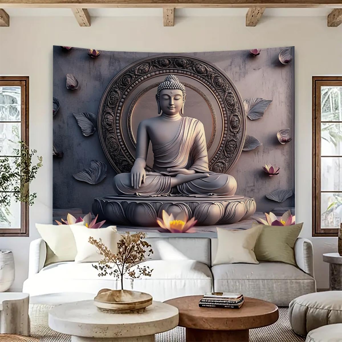 Vintage Sitting Buddha Tapestry Wall Hanging Buddhist Statue Tapestries Lotus Meditation Wall Decor Psychedelic Indian Zen Art for Bedroom Living Room Home Decor (Grey2 / 59"L x 39"W)