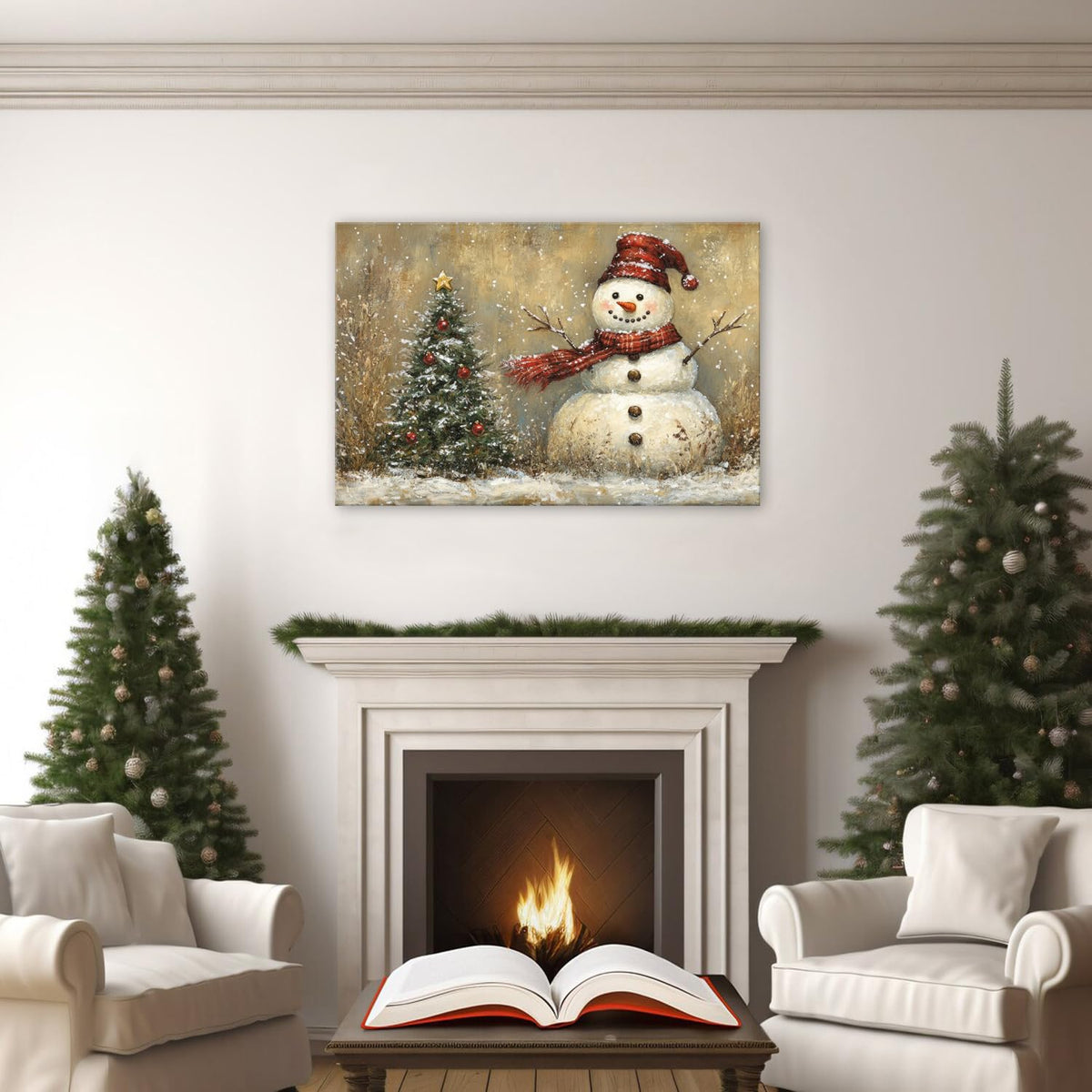 Christmas Poster Wall Art Living Room Bedroom Vintage Winter Snowy Landscape Wall Decor Farmhouse Christmas Seasonal Tree Framed Canvas Snowman Artwork Print Festival Pictures Home Decoration 24x36 (36"L x 24"W / Snowman Tree)