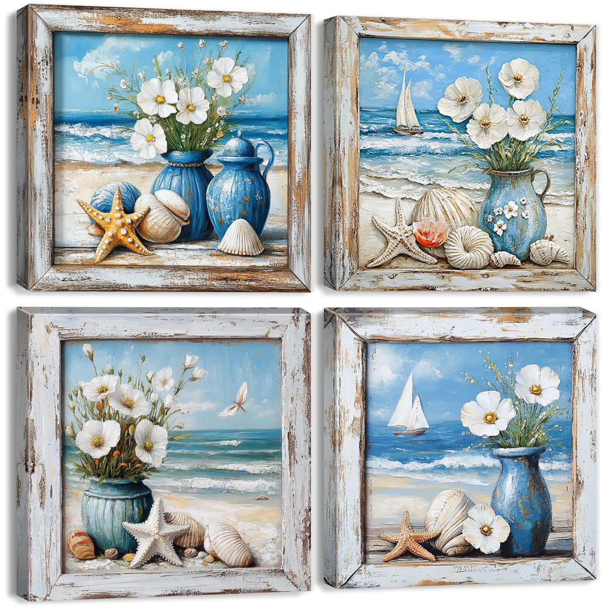 Coastal Wall Art Nautical Bathroom Decor Vintage Beach Theme Pictures Wall Art Vintage Beachy Paintings Canvas Prints Watercolor Flowers Posters Blue Seascape Framed Artwork Home Decorations 12x12” (12"L x 12"W / Beach)