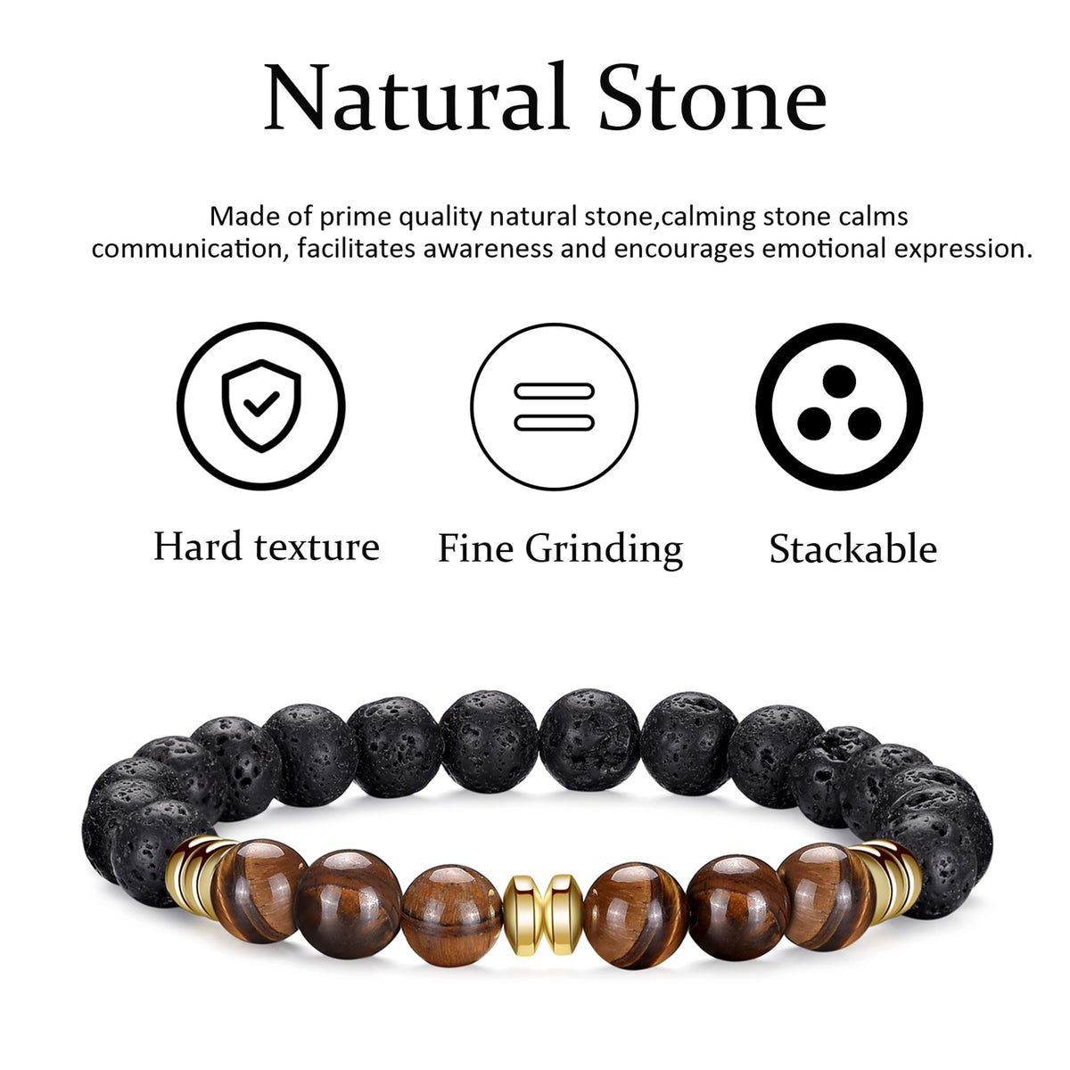 Mens Bracelets 8MM Natural Stone Beads Bracelet Set Stretch Adjustable Beaded Bracelets for Men (4,tiger eye,lava,volcano bracelet)