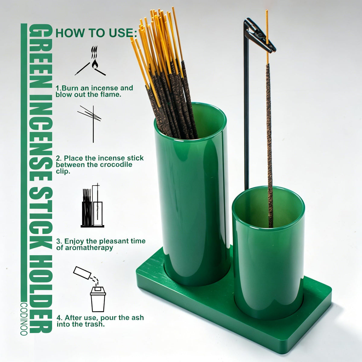 2 in 1 Incense Holder for Sticks Incense Burner Holder with Storage (All Green / 1 tall 1 short glass)