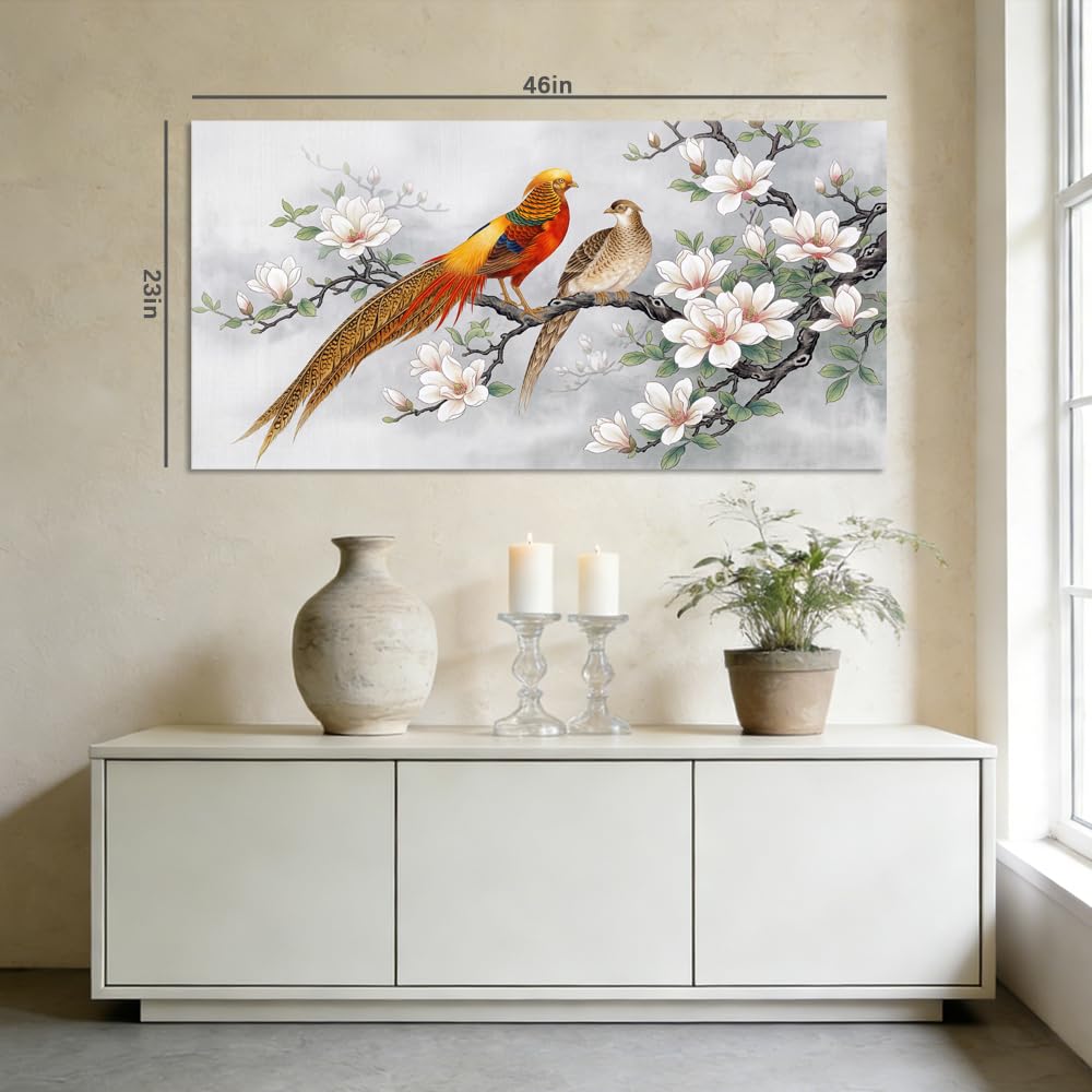 Oriental Golden Pheasant Canvas Wall Art White Magnolia Chinoiserie Painting Flat Print Gallery Wrapped Asian Bird Artwork for Living Room Bedroom Bathroom Decor (Wildlife / White Golden Pheasant Couple 26 / 58"L x 28"W)