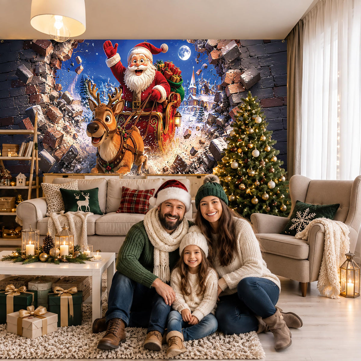 Christmas Garage Door Cover Banner Santa Reindeer Sleigh Backdrop (Santa Claus-1)