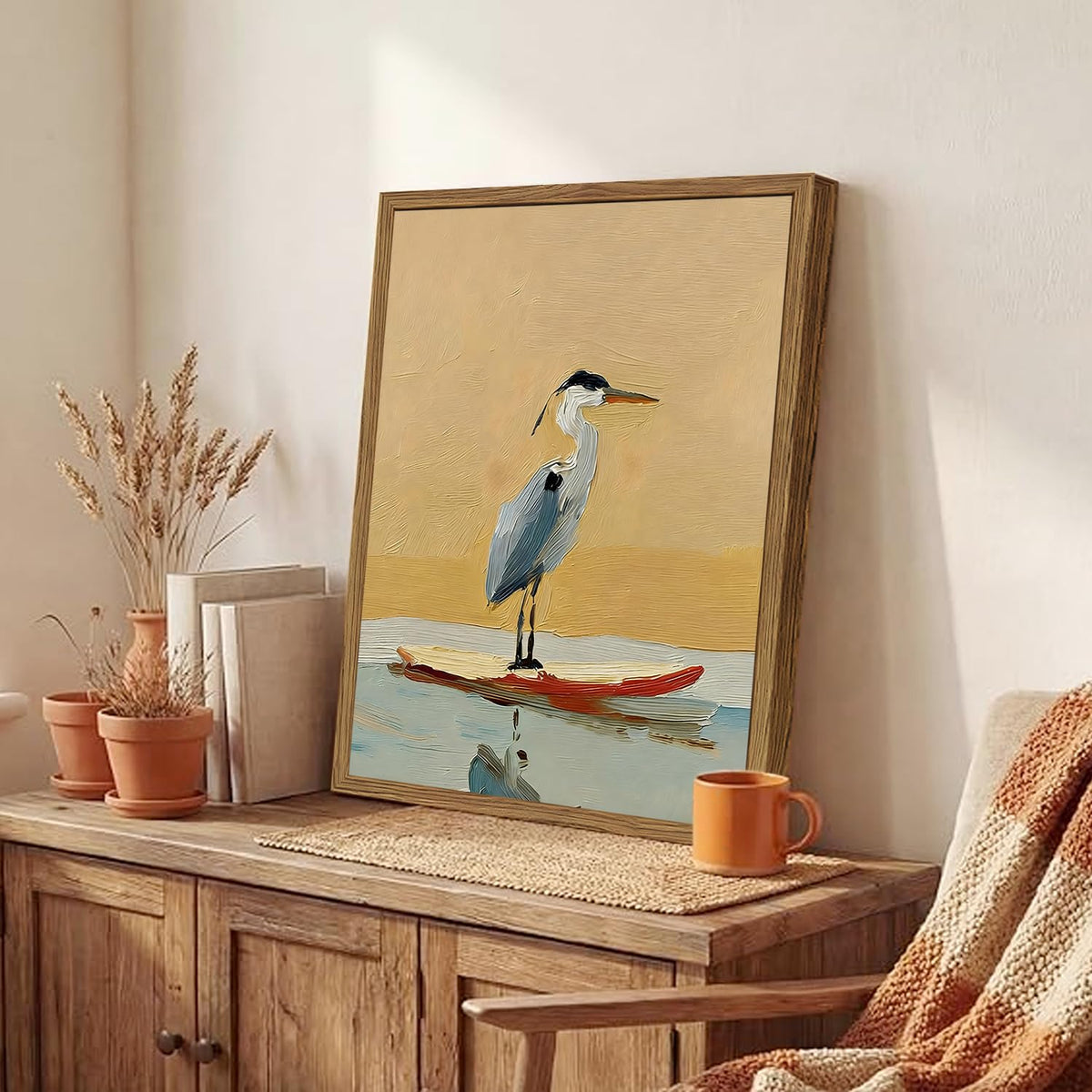 Blue Heron Wall Art Vintage Coastal Bird Wall Decor Picture Beach Wildlife Animal Poster Canvas Painting Print for Bathroom Living Room Bedroom 24x16 Inch Wood Framed (Animal-D / 24"L x 16"W)