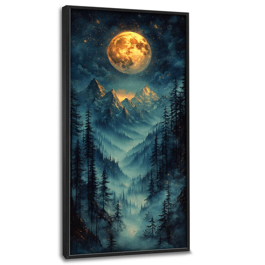 Large Framed Mountain Wall Art Dark Forest Full Moon Decor 30"x60" (Dark Mountain / 60"L x 30"W)