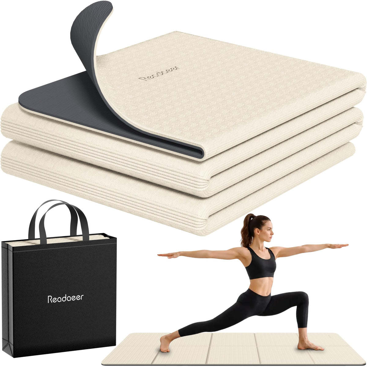 Foldable Yoga Mat for Travel Folding Yoga Mat 6mm Thick with Carrying Bag (Beige)