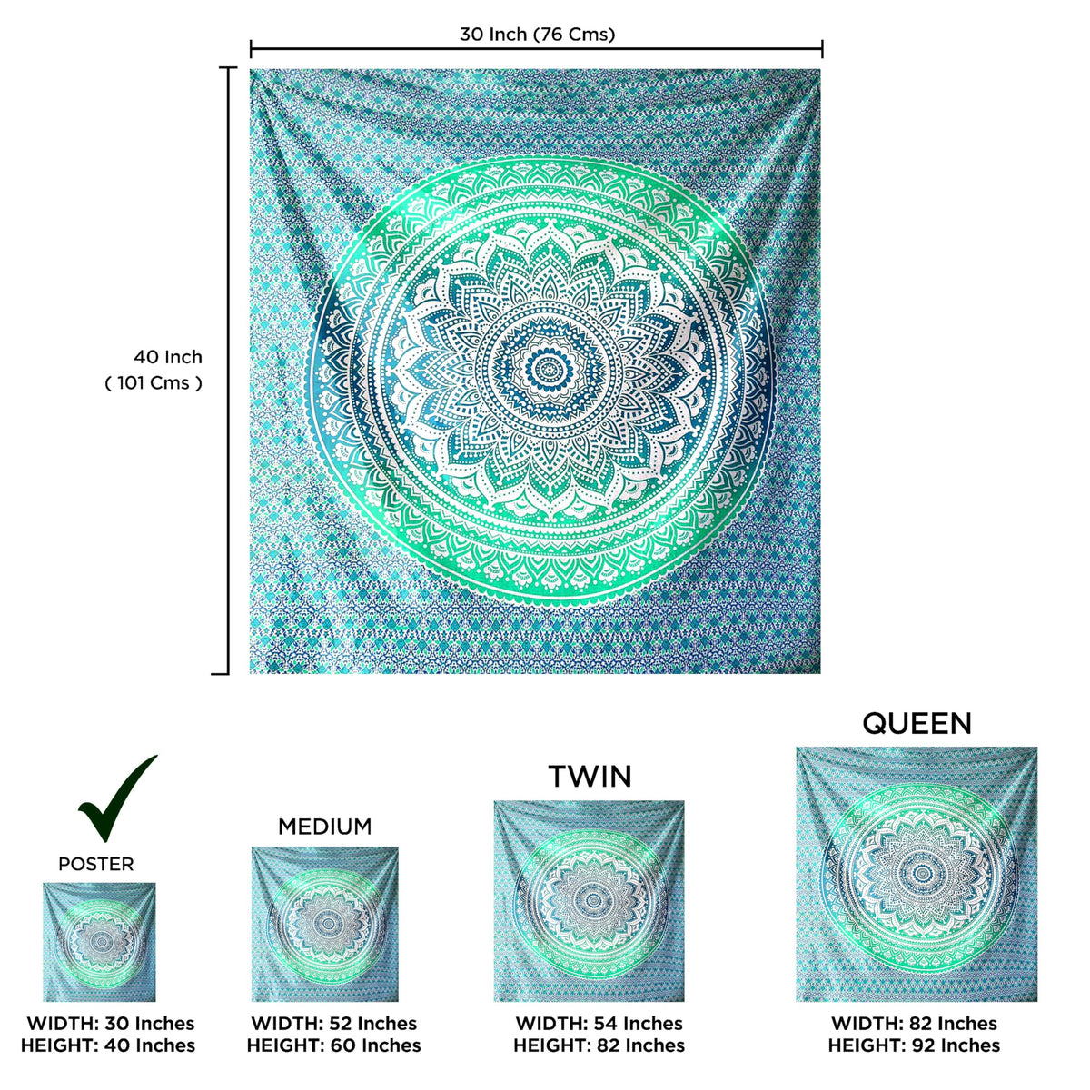 Indian Cotton Green Tapestry Mandala Wall Hangings (Green Ombre / 40"L x 30"W)