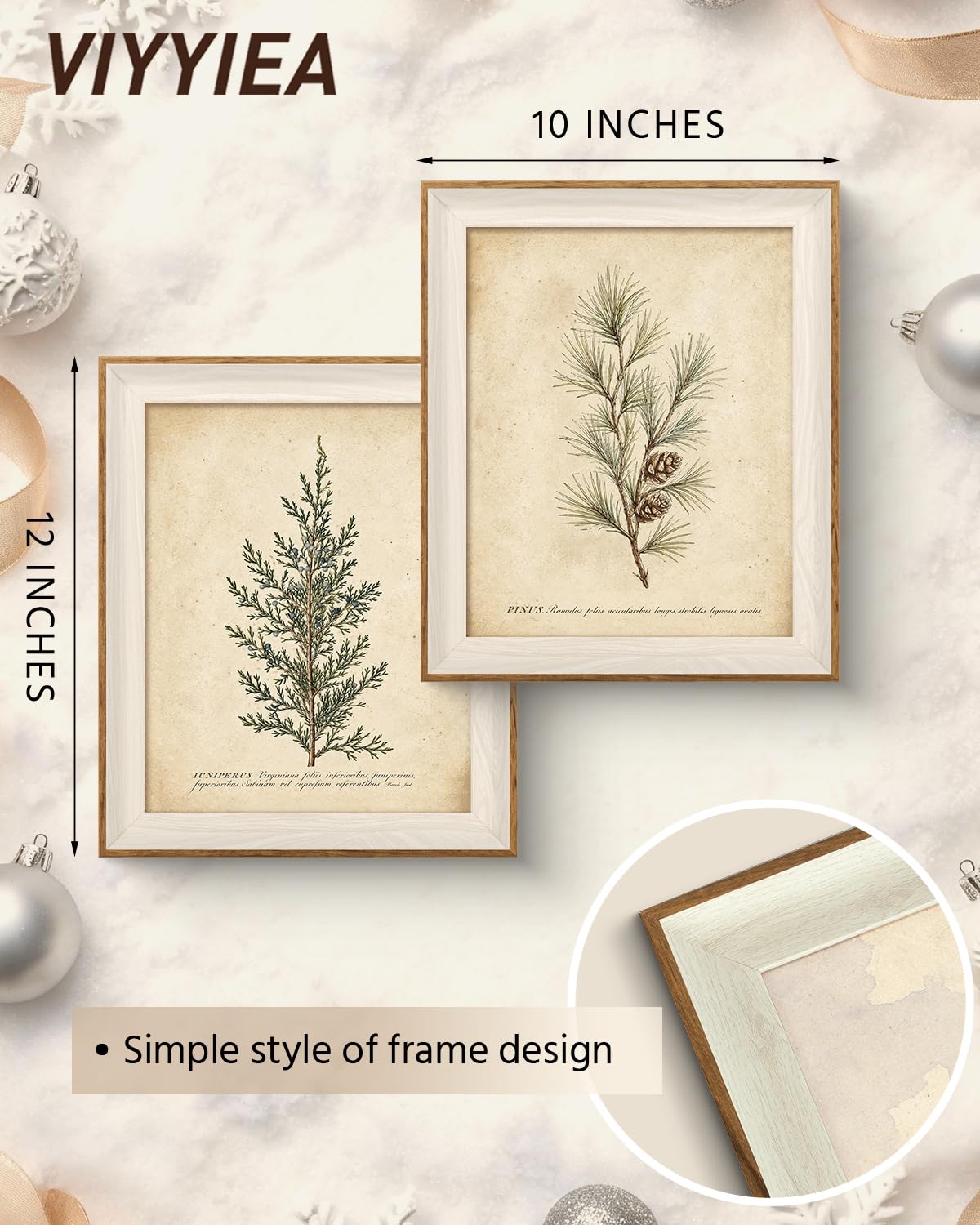 Framed Vintage Christmas Pine Botanical Wall Art Set (Christmas Couplets / 12"L x 10"W)
