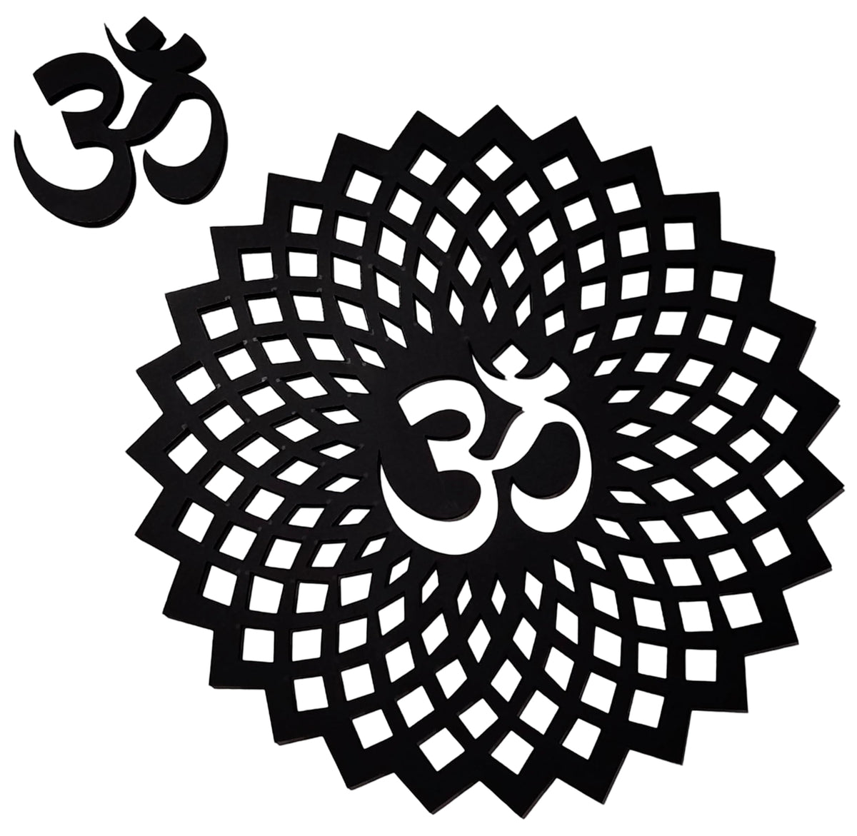 Black Om Round Decorative Wall Art Mdf Wooden Om Chakra For Temple (GEOMETRY OM-Black / 8"L x 8"W)