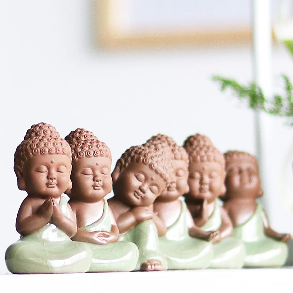 6pcs Set Ceramic Tiny Cute Baby Buddha Statue Collection Monk Figurine Cute Buddha Babies Adorable Baby Buddha Monk Home Decoration Zen Decor Peaceful Rulai Figurines (Collection)