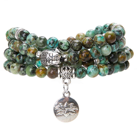 108 Mala Beads Necklace Beaded Wrap Bracelets Genuine Gemstone Mala Prayer Beads Lotus Charm Yoga Meditation Necklace (African Turquoise-Lotus OM-Buddha)