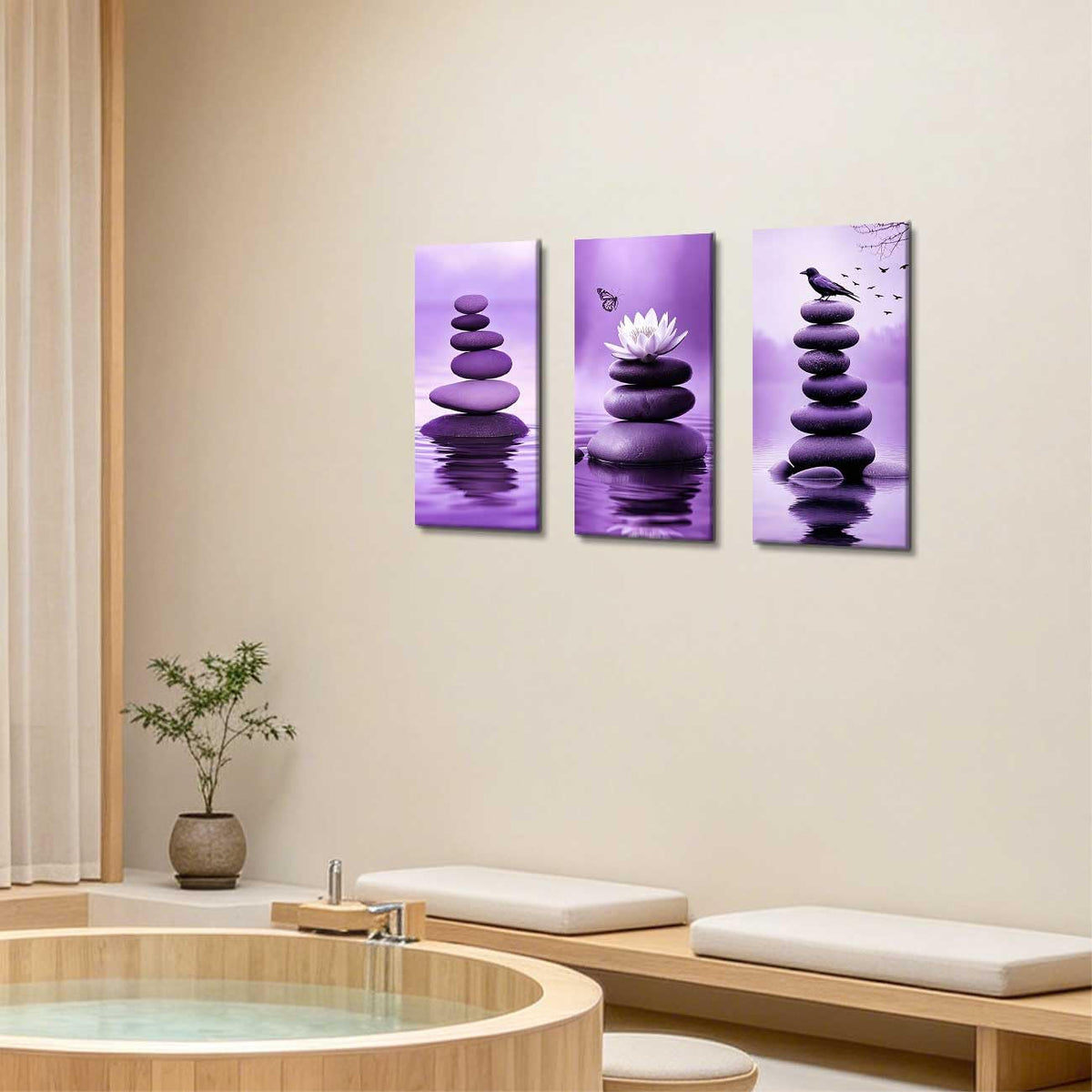 Set of 3 Zen Bathroom Canvas Wall Art Prints Purple Zen Stone & Bird Poster Water Lily with Butterfly Paintings Picture Yoga Meditation Artwork Spa Room Decor (Purple / 16x8inx3 Pieces)