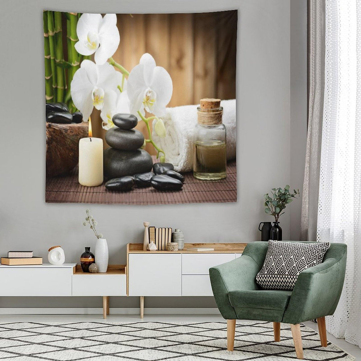 Spa Tapestry Wall Hanging Relaxing Style Stones Candle Flowers and Bamboo Art (60"L x 60"W / Zen-7)