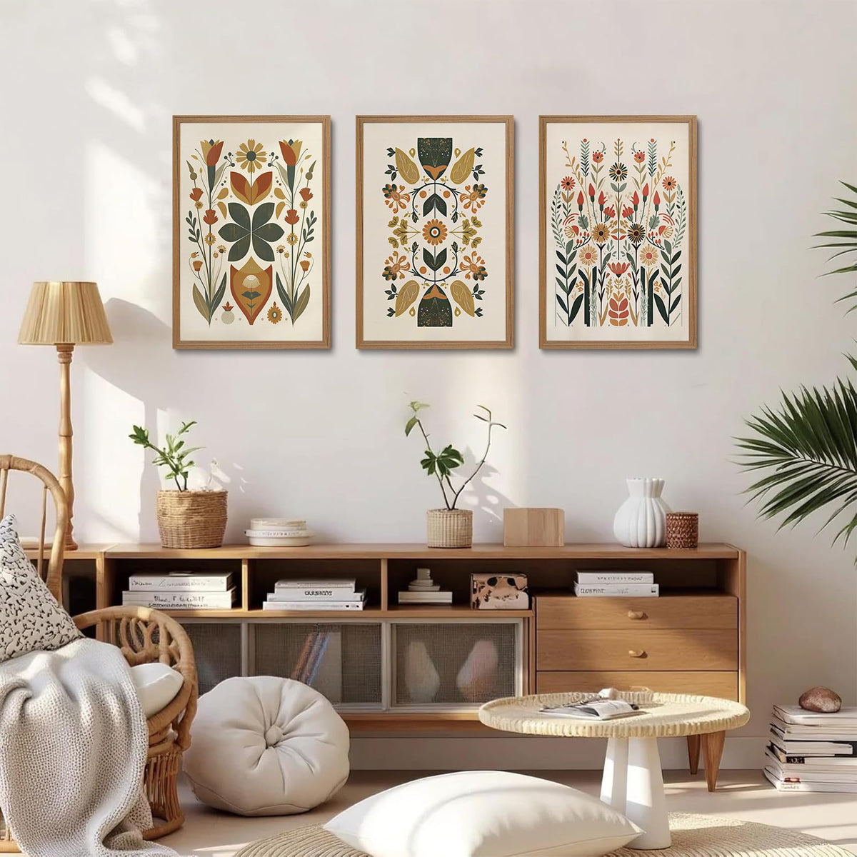 Scandinavian Folk Floral Framed Wall Art Set of 3 (Folk floral / 24"L x 16"W)