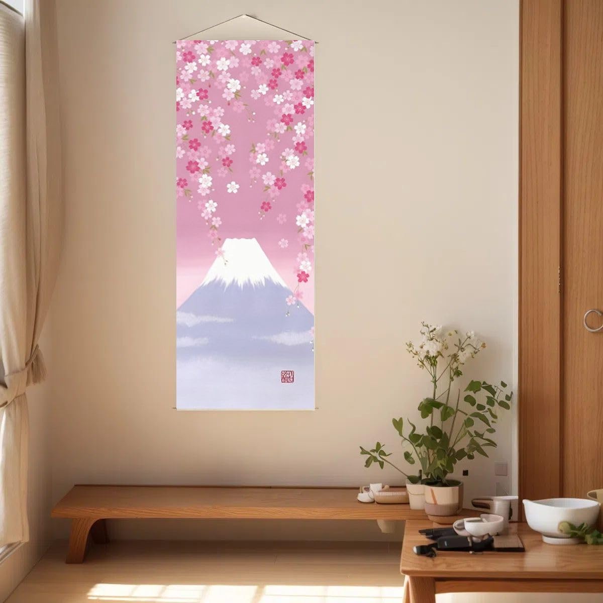 Pink Cherry blossom and Mount Fuji Japanese Scroll Wall Art (Pink Cherry blossom and Mount Fuji)