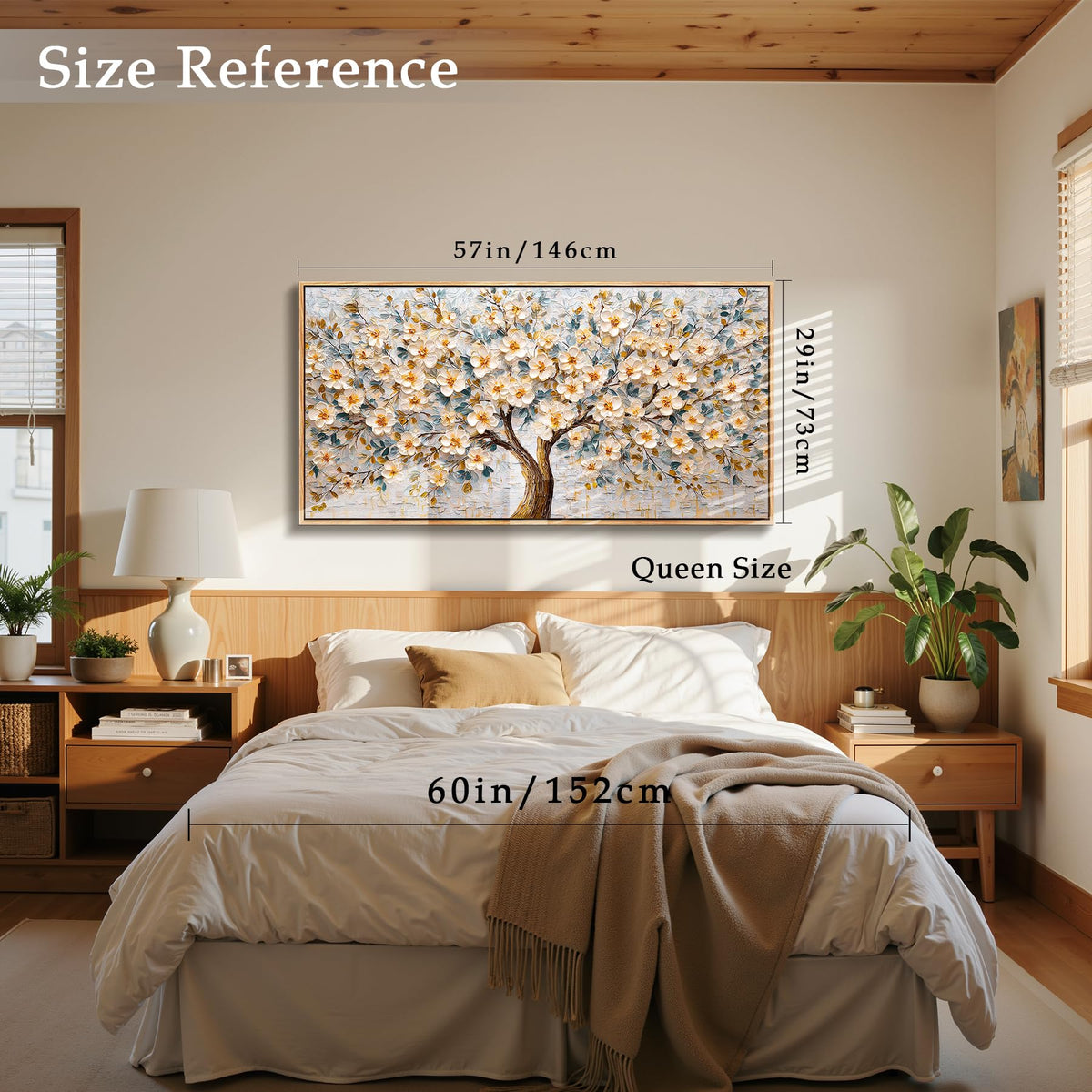 Tree of Life Framed Wall Art Floral Plant Neutral Decor Extra Large (Pear Blossoms Tree / 57"L x 29"W)