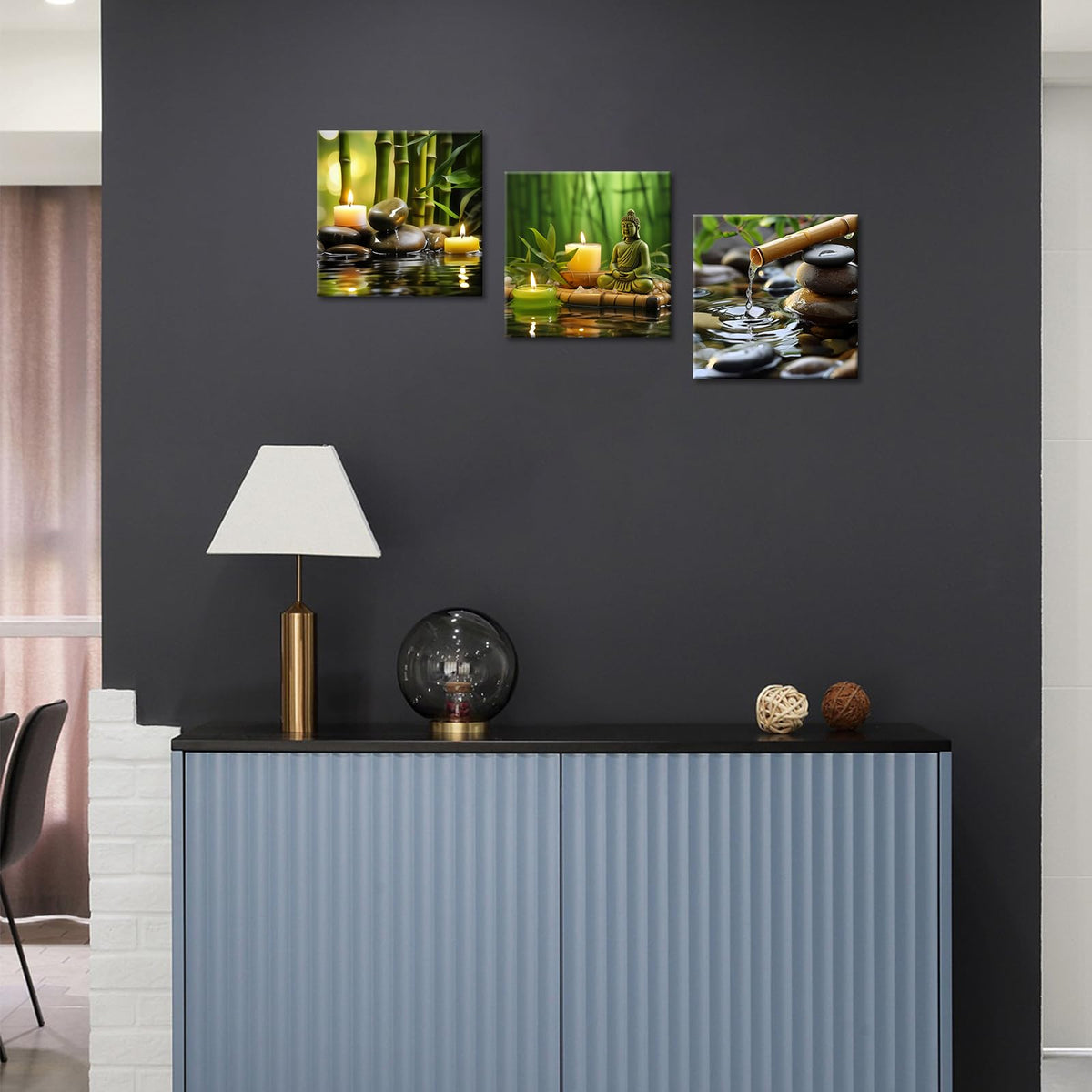 Set of 3 Zen Canvas Wall Art Spa Stone Green Bamboo Zen Candles Buddha Pictures Relaxing Wall Art for Office Bedroom Living Room Bathroom Decor Ready to Hang (Zen 04 / 16"L x 16"W)