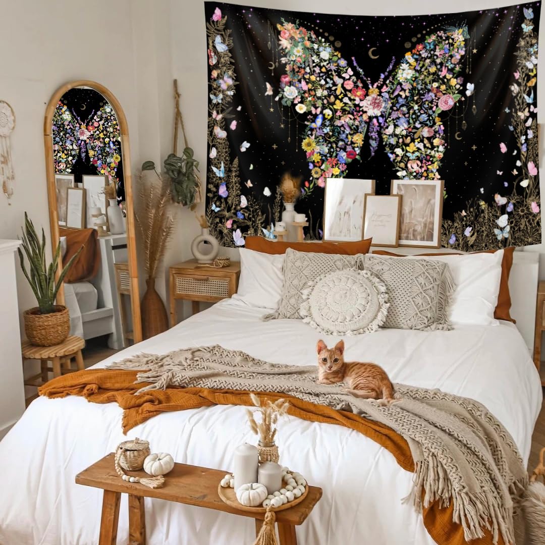Floral Tapestry Wall Hanging Cute (47.2"L x 34.8"W / Black)