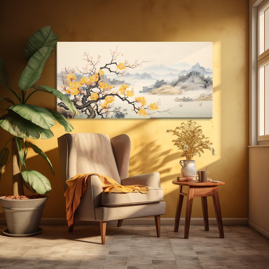 Asian Wall Art Traditional Chinese Painting Oriental Yellow Plum Blossom Canvas Pictures for Wall Decor Home decor for Living Room Cherry Blossom Decor Landscape Artwork Framed Ready to Hang (Yellow Blossom-One Piece / 32"L x 16"W)